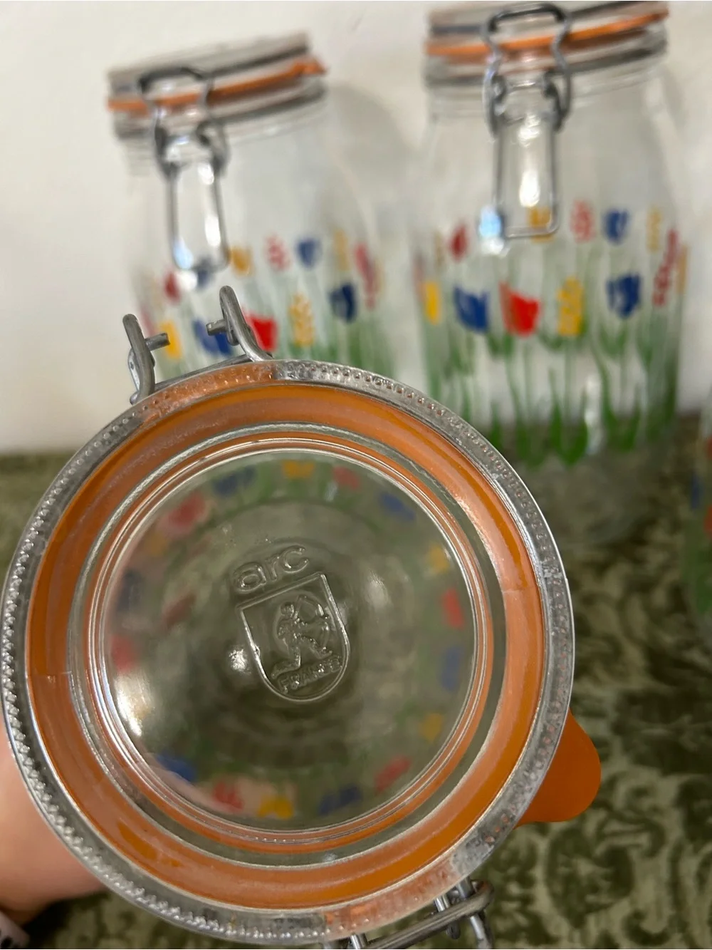 Vintage 1970s ARC France Tulip Floral Glass Canister Jars - Lot of 4